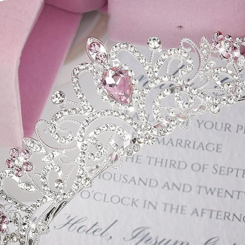 Tiara coroa infantil rosa com pentes laterais para daminha