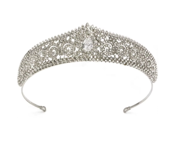 Tiara coroa arqueada de noiva com cristal gota central prateada