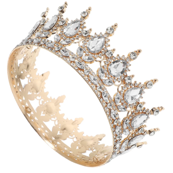 Coroa imperial redonda dourada inteira para noiva, topo de bolo e debutante