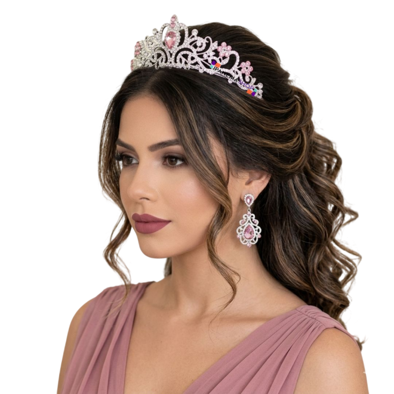 Tiara coroa infantil rosa com pentes laterais para daminha