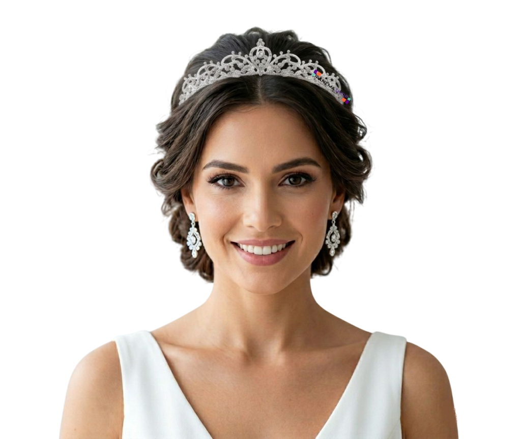 Tiara coroa delicada com arabescos de cristais para daminha e noiva