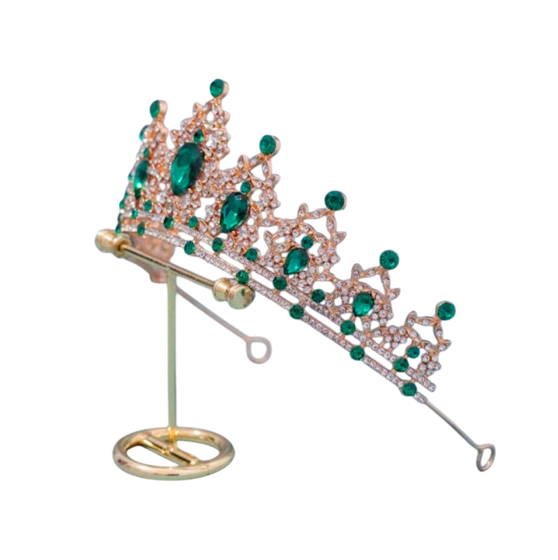 Coroa debutante dourado com cristais verde luxo
