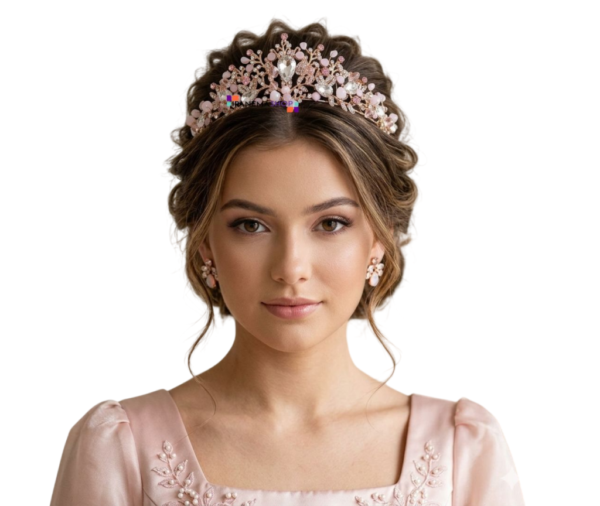 Coroa de debutante dourada com flores e cristais rosa luxo