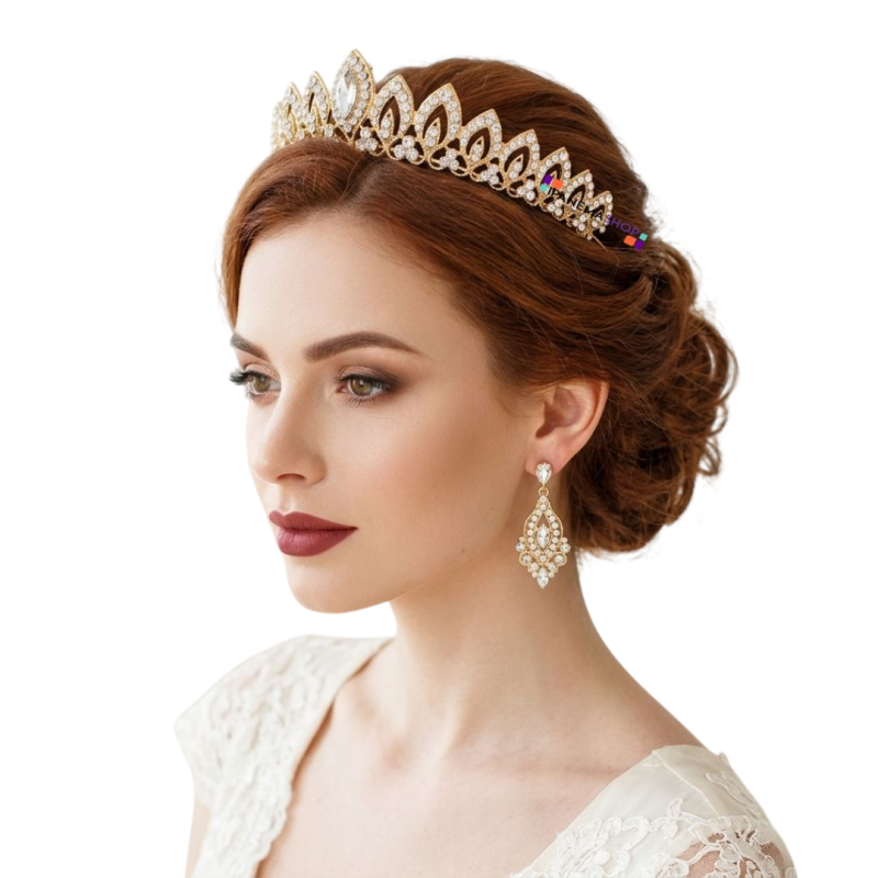 Coroa de noiva dourada luxo com cristais cravejados