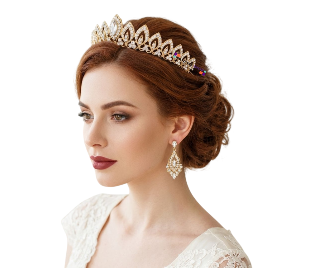 Coroa de noiva dourada luxo com cristais cravejados