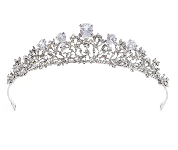 Tiara coroa de noiva floral com cristais gota prateada