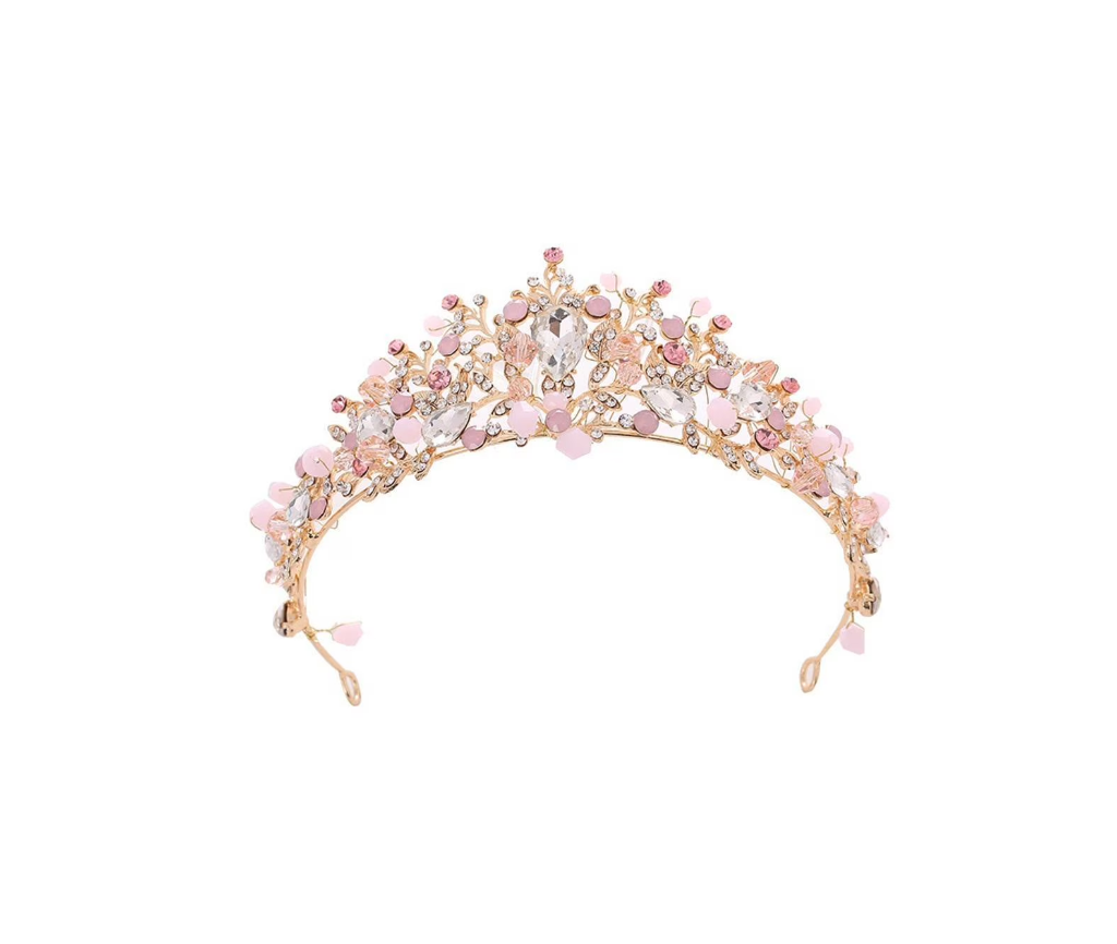 Coroa de debutante dourada com flores e cristais rosa luxo