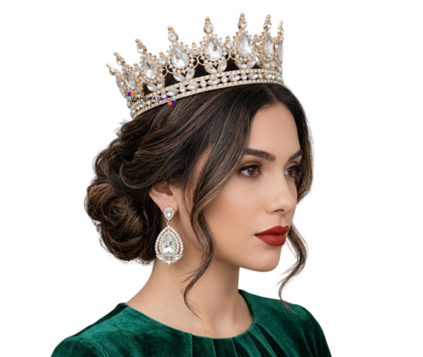 Coroa imperial redonda dourada inteira para noiva, topo de bolo e debutante