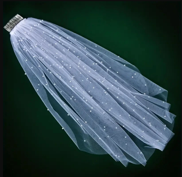 Véu de noiva médio 90cm com pérolas salpicadas no tule