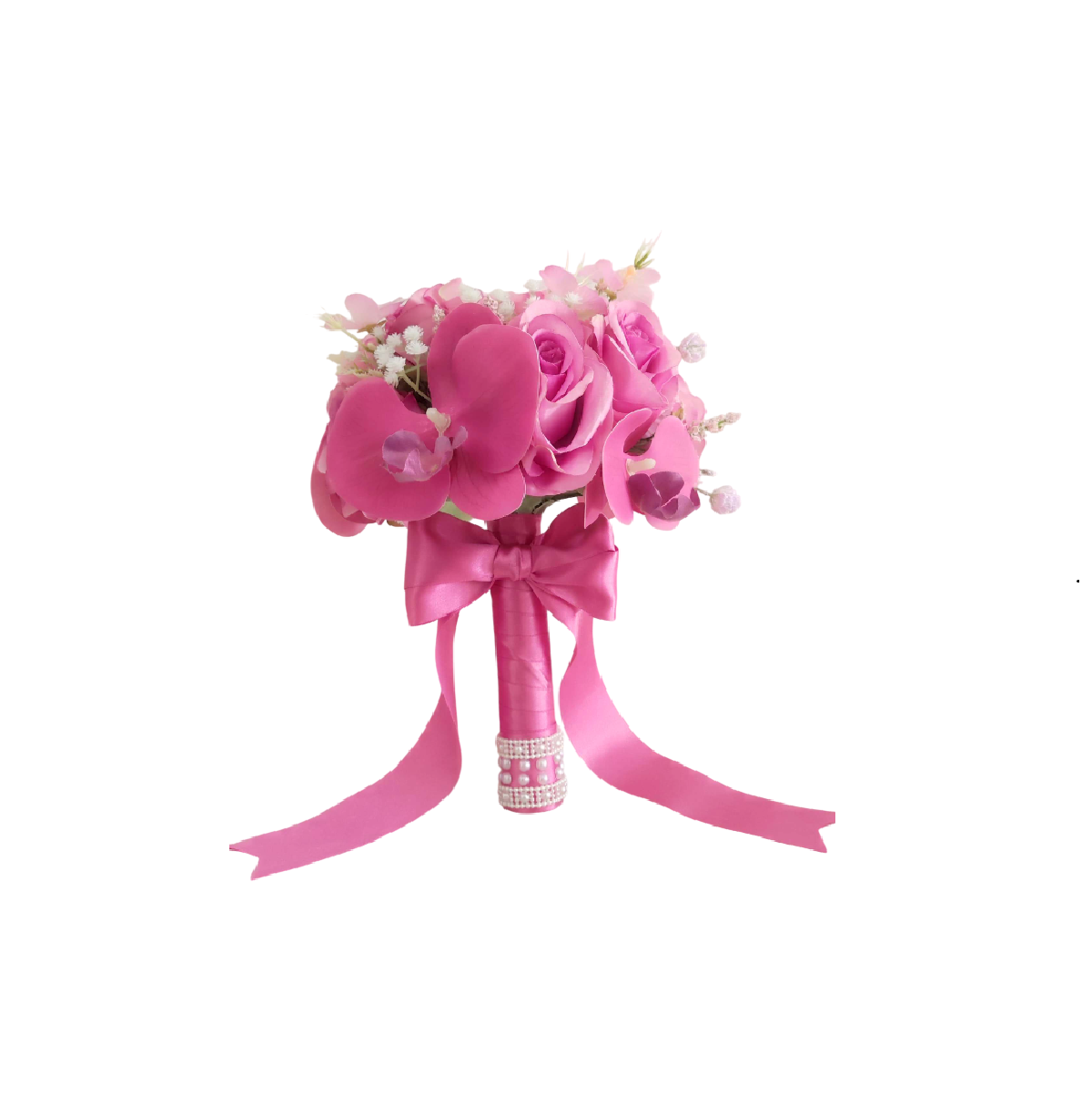 Buquê de noiva permanente rosa compacto com orquídeas