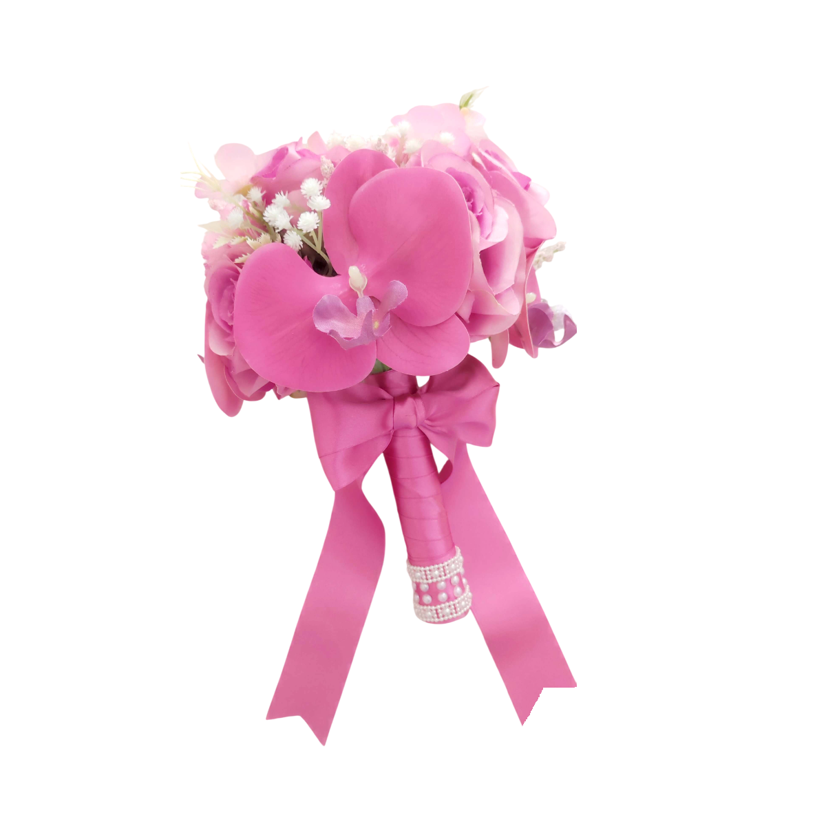 Buquê de noiva permanente rosa compacto com orquídeas