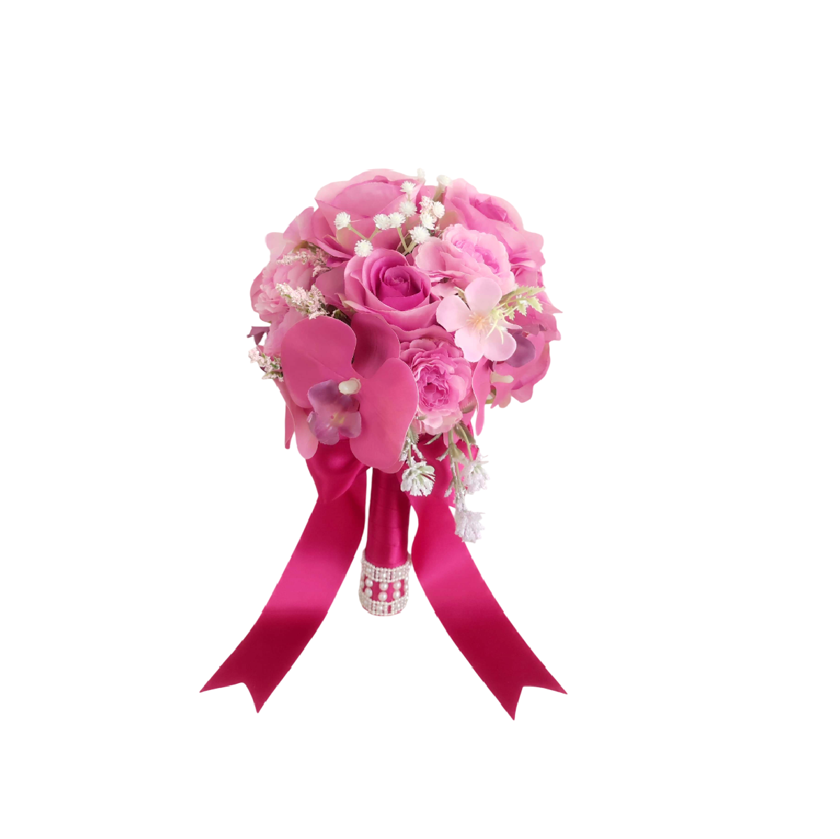 Buquê de noiva permanente rosa compacto com orquídeas