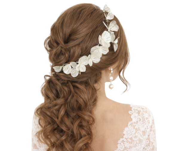 Grinalda de noiva prata flexível com flores rendadas e pérolas