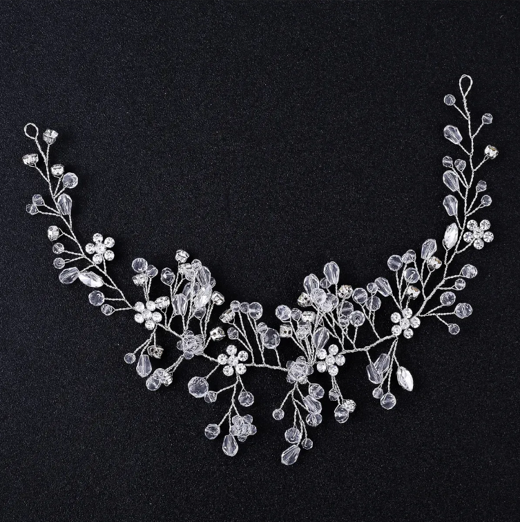 Grinalda aramada noiva fios de cristais translúcidos prateada