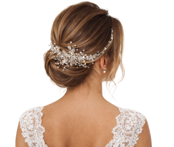 Grinalda aramada noiva fios de cristais translúcidos prateada