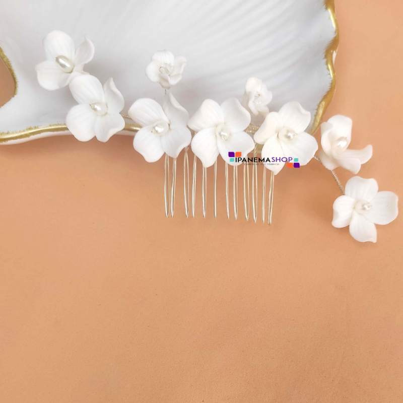 Arranjo de cabelo grinalda noiva flores de porcelana branca e cristais