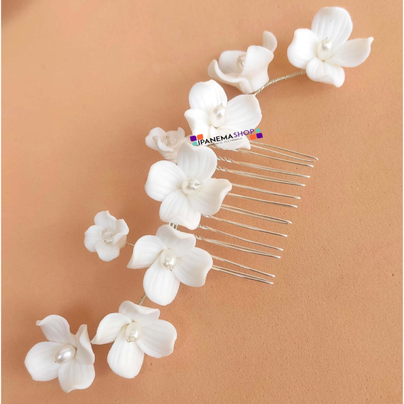 Arranjo de cabelo grinalda noiva flores de porcelana branca e cristais