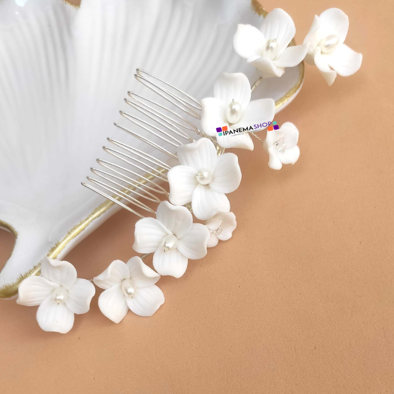 Arranjo de cabelo grinalda noiva flores de porcelana branca e cristais