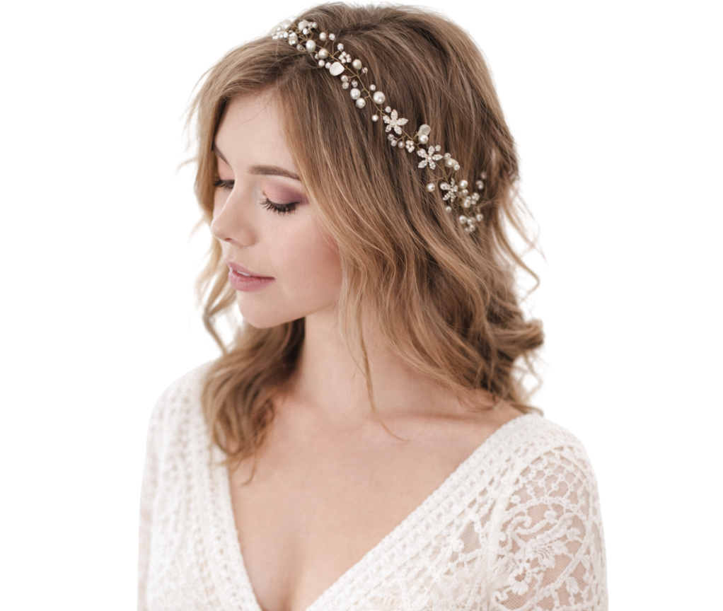 Tiara aramada flexível para noiva com cristais e pérolas em penteado solto