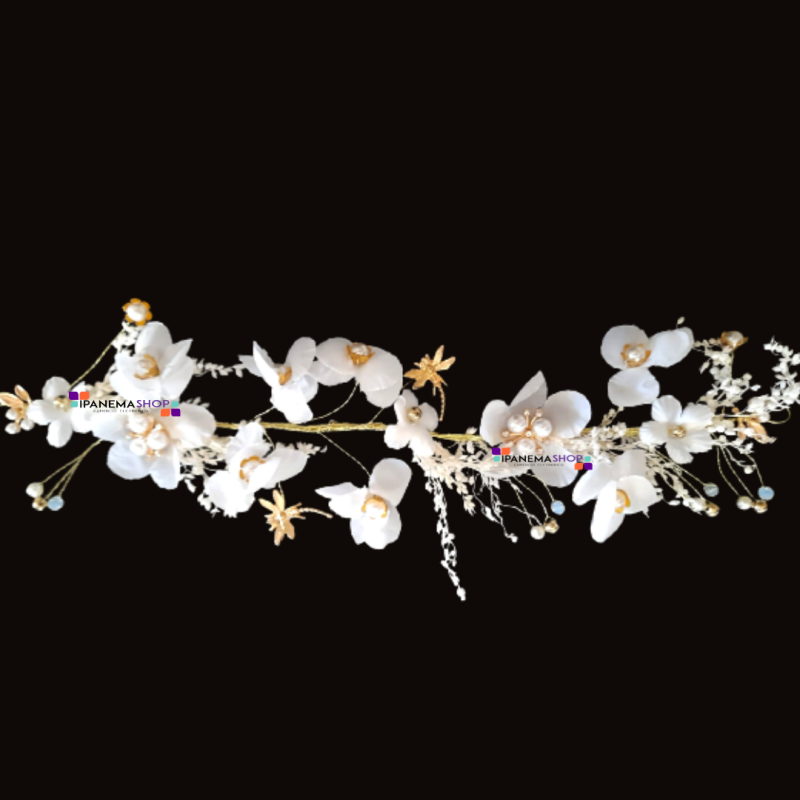 tiara de cabelo noiva flor branca com detalhes dourados