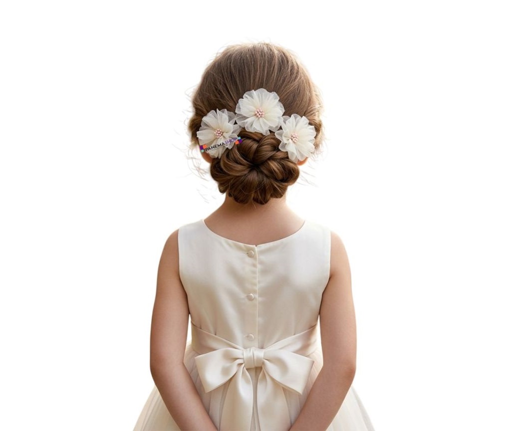 arranjo de cabelo flor para daminha batizado criança