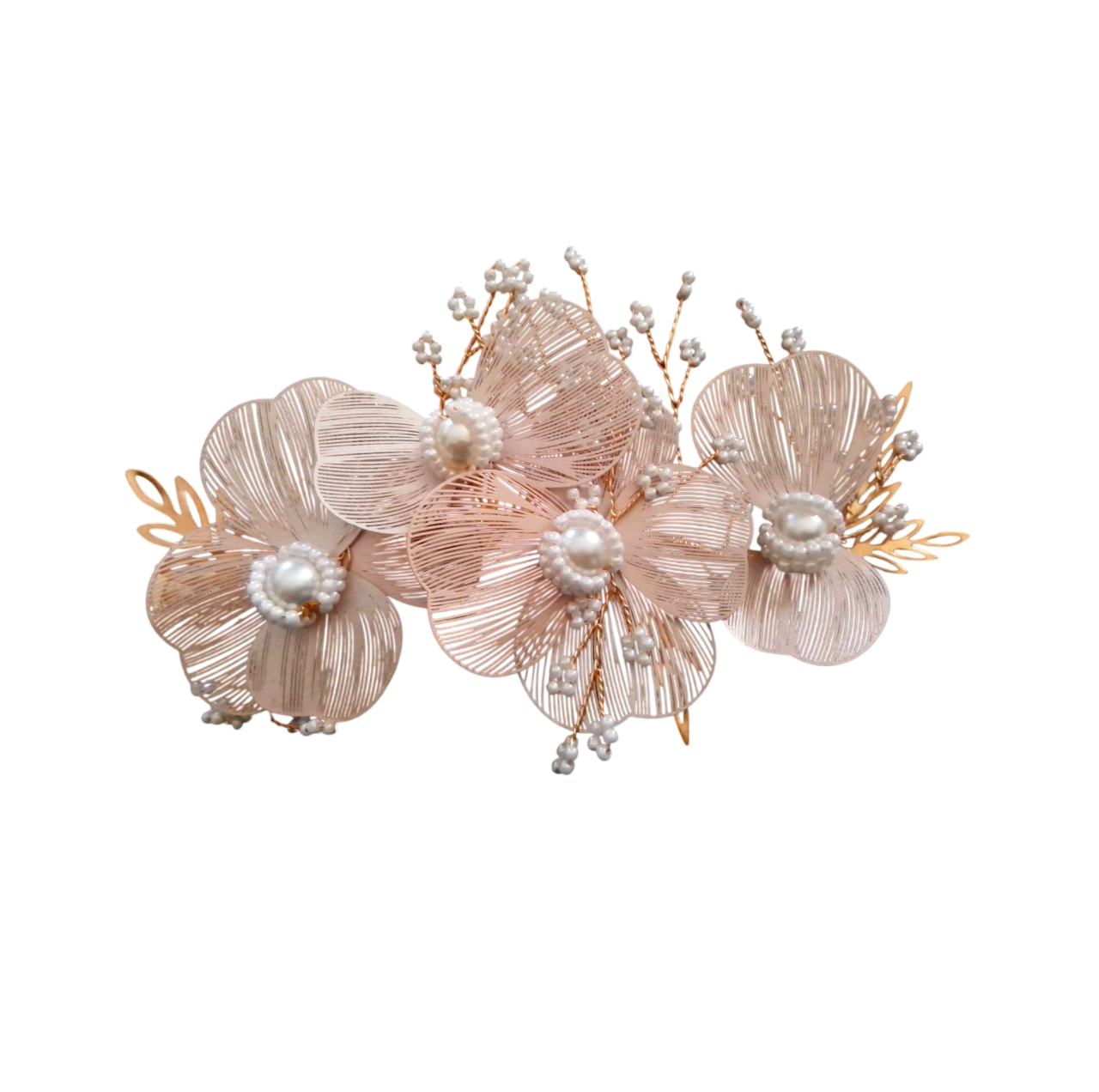 Close flores de fio de seda metálico para penteado de noiva