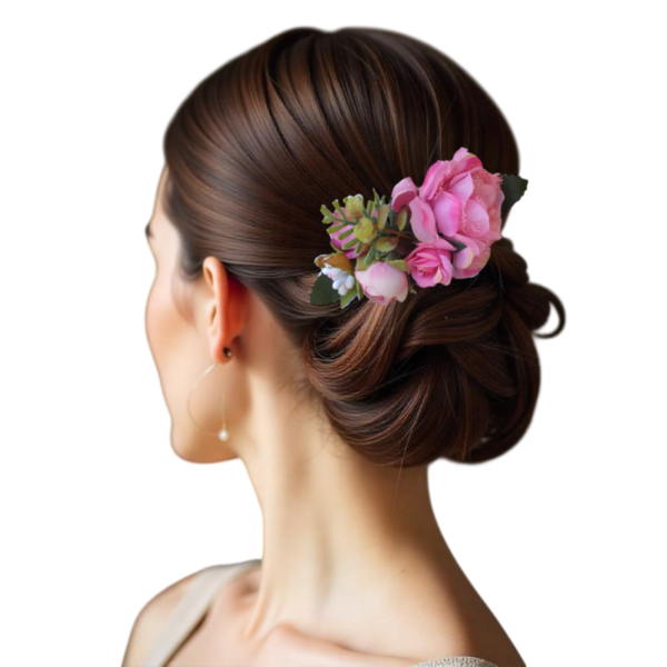 Pente arranjo de cabelo floral rosa para madrinha de casamento
