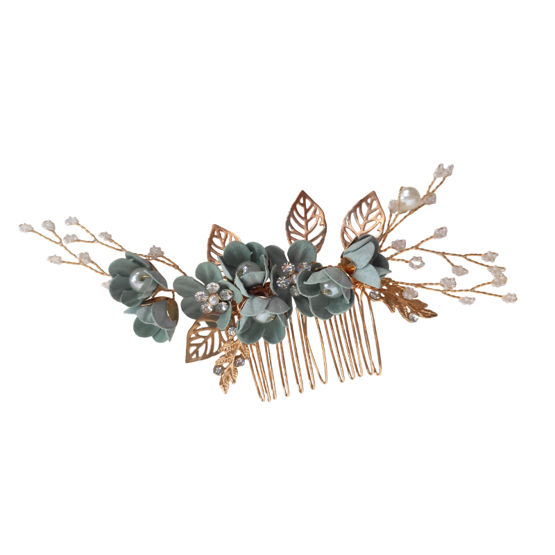 arranjo de cabelo b484 (1) Arranjo de cabelo boho verde sálvia com flores e pérolas dourado