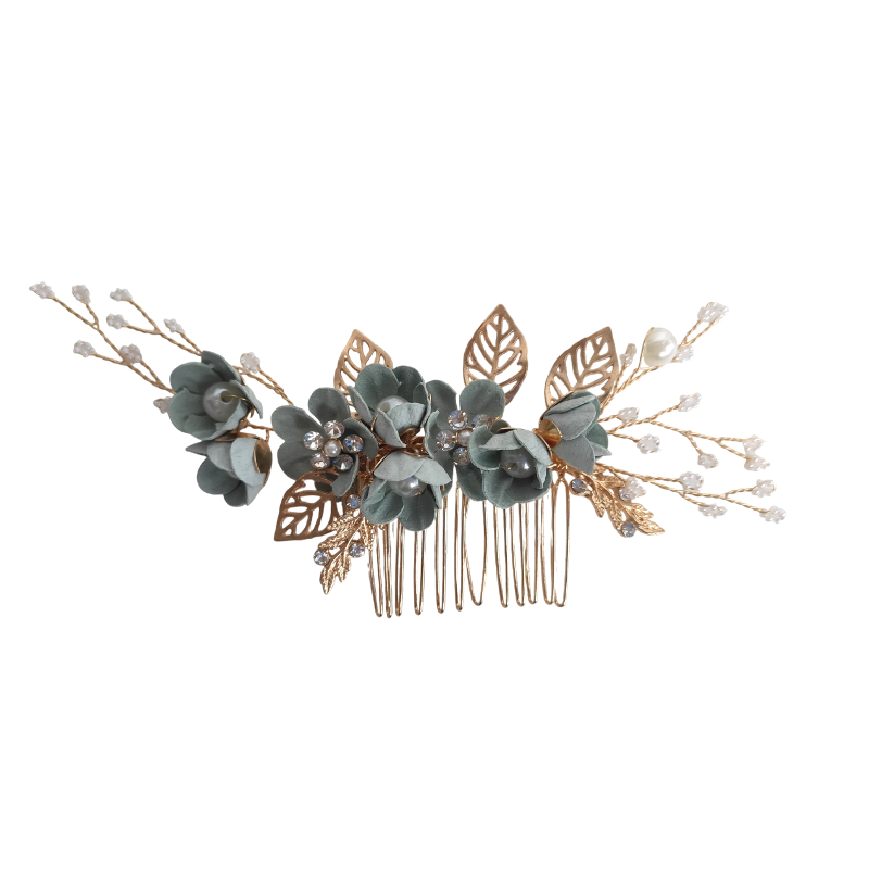 arranjo de cabelo b484 (2) Arranjo de cabelo boho verde sálvia com flores e pérolas dourado