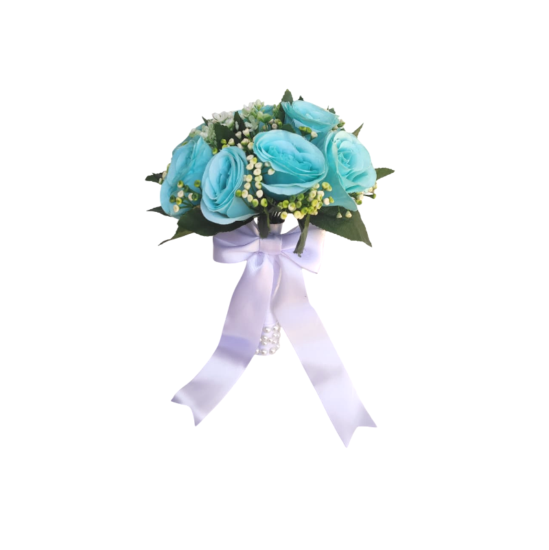 buque azul bn141 - 2 Buquê de noiva médio rosas azul permanentes realistas civil religioso