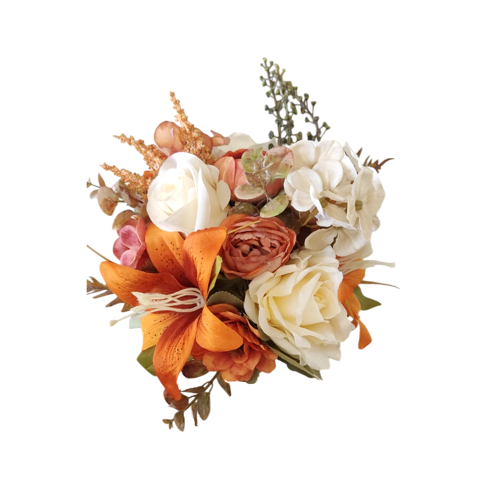 buque boho chic bn157 - 2 Buquê de noiva permanente tons terrosos terracota e laranja