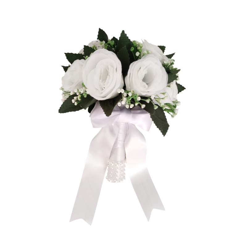 buque branco bn106 - 1 Buquê de noiva médio rosas brancas permanentes realistas civil religioso