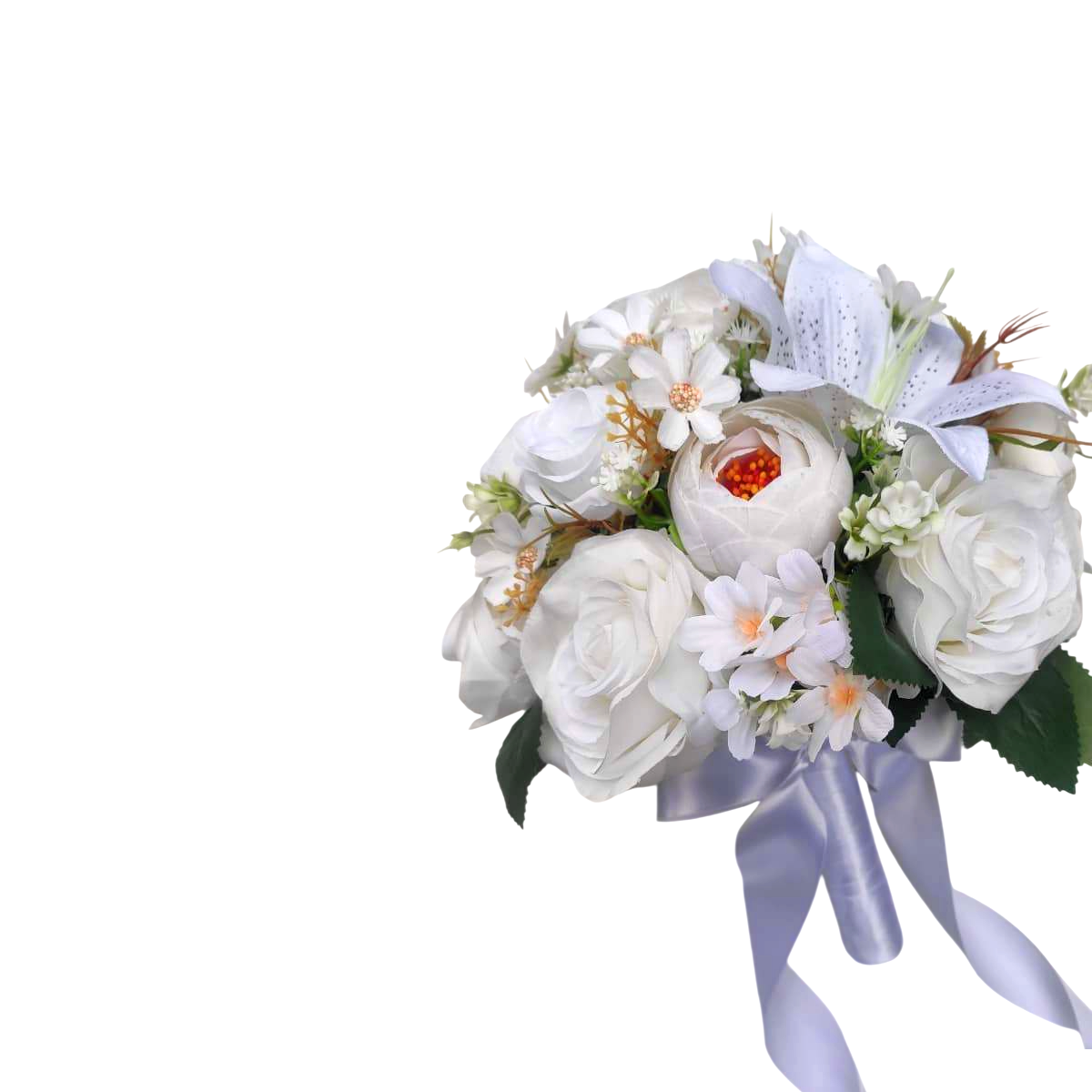 Buquê de noiva branco clássico permanente rosas e lírios