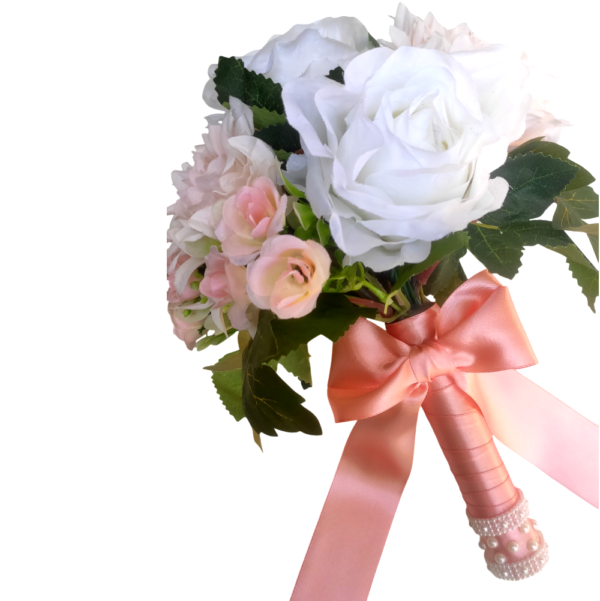 Buquê de noiva permanente rosa salmão e branco redondo