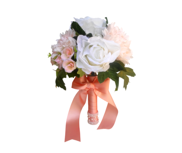 Buquê de noiva permanente rosa salmão e branco redondo