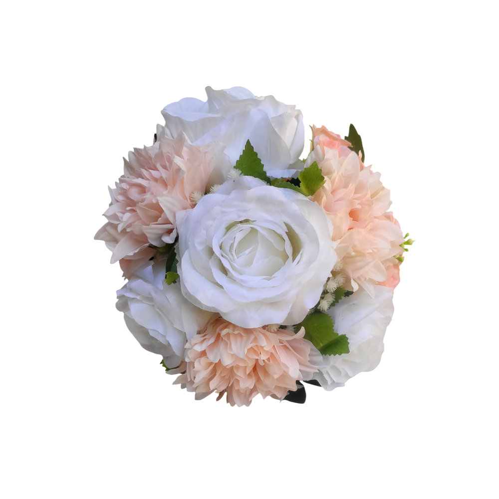 Buquê de noiva permanente rosa salmão e branco redondo
