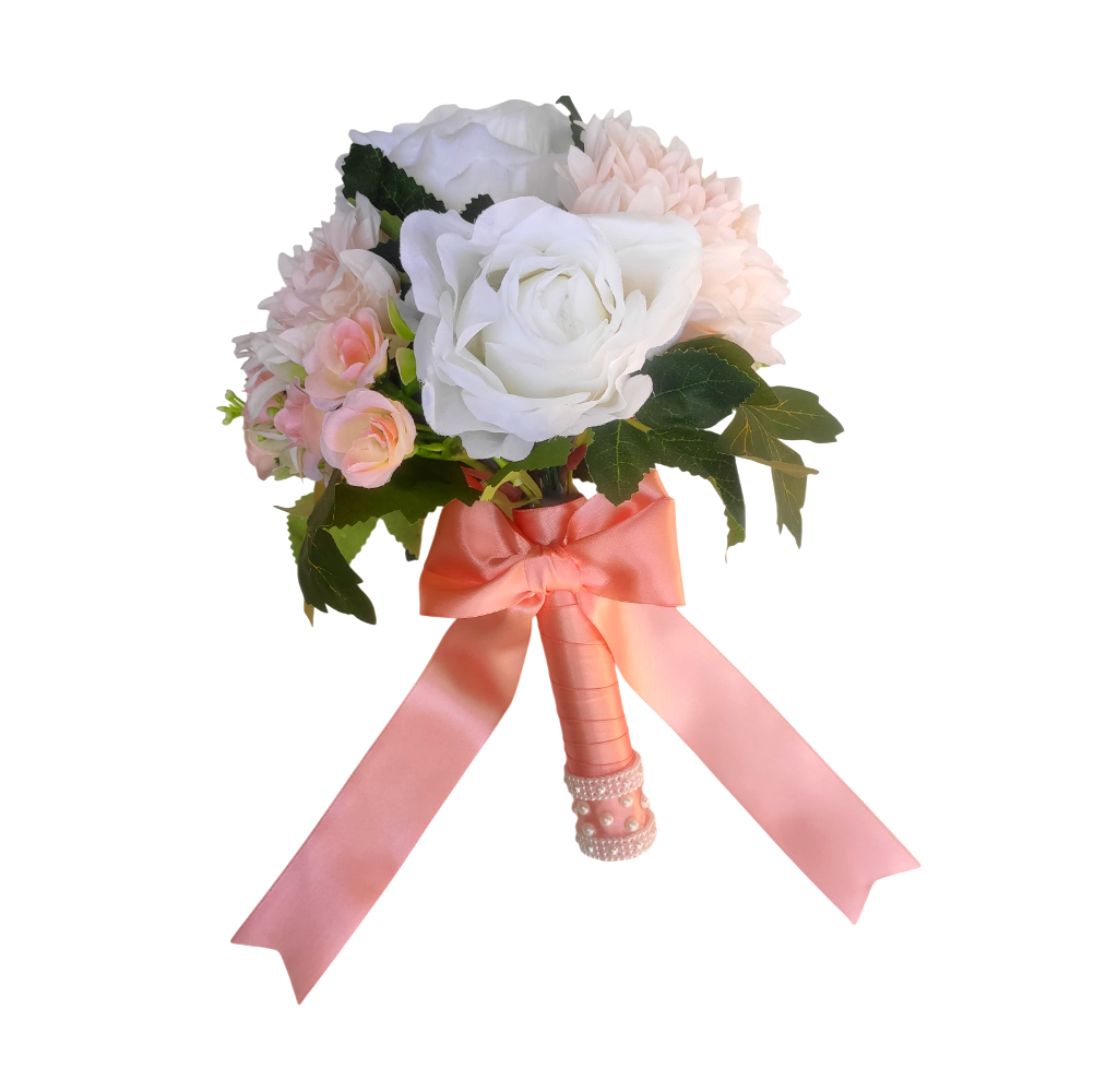 Buquê de noiva permanente rosa salmão e branco redondo