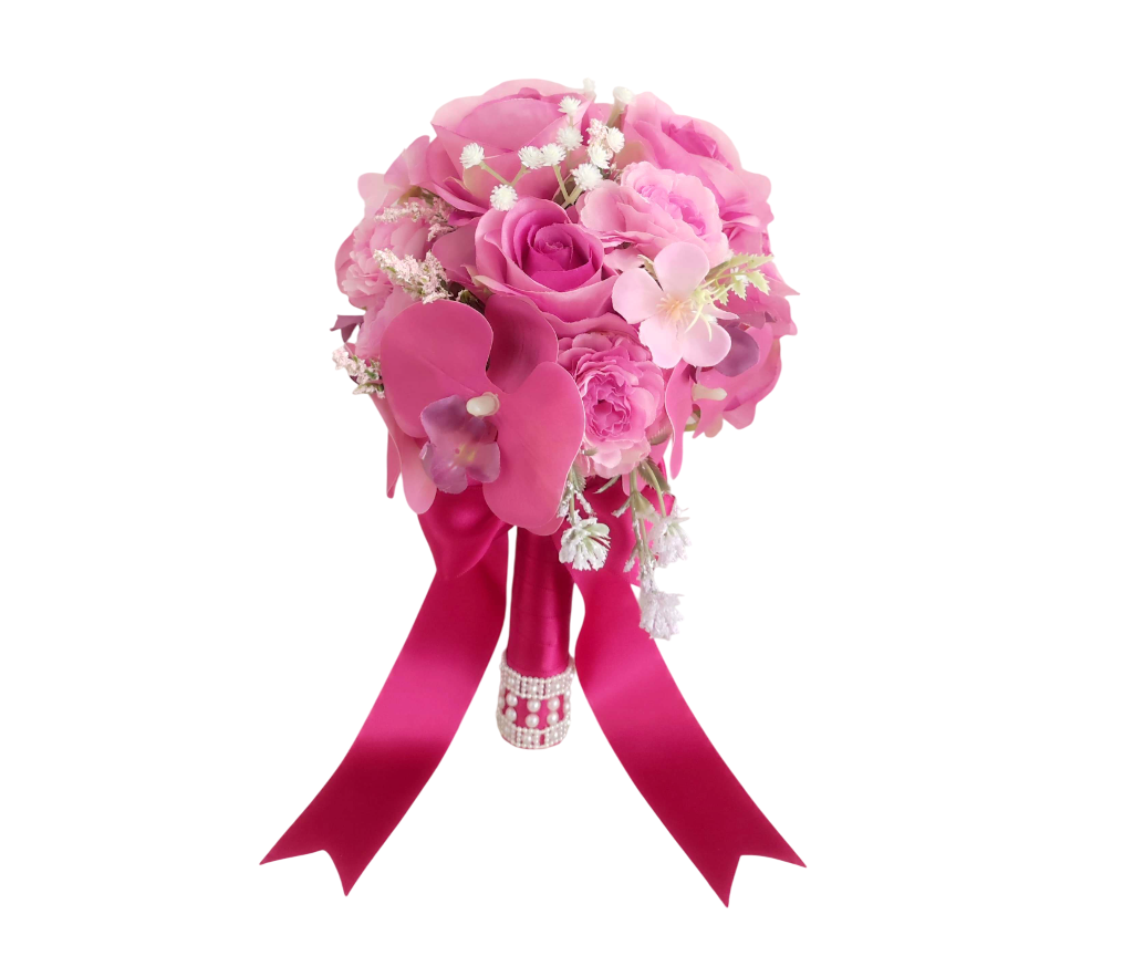 Buquê de noiva permanente rosa compacto com orquídeas