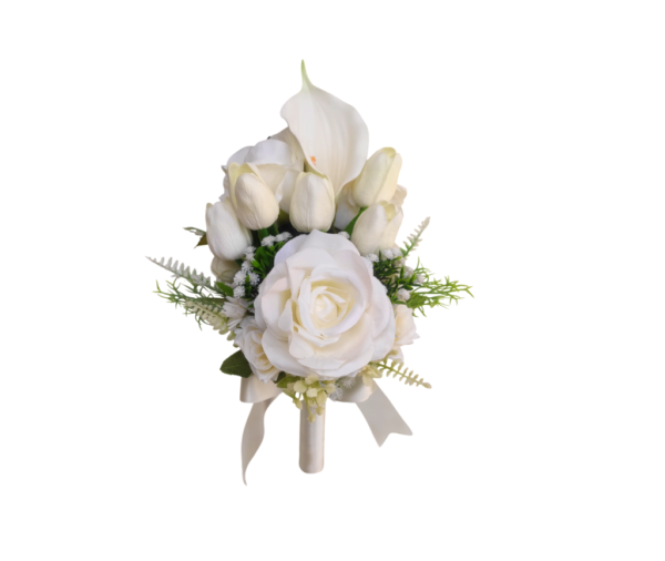 Buquê de noiva braçada frente única rosas tulipas e callas brancas
