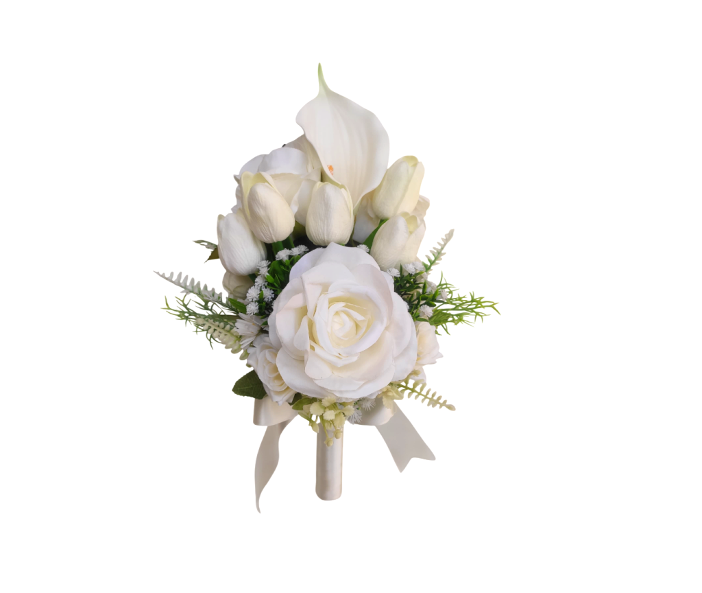 Buquê de noiva braçada frente única rosas tulipas e callas brancas