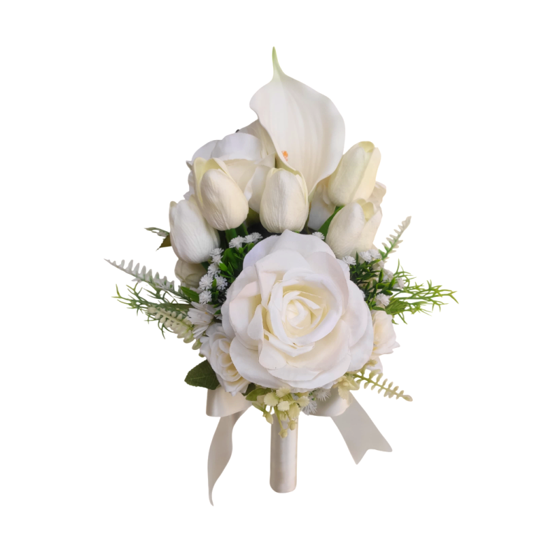 Buquê de noiva braçada frente única rosas tulipas e callas brancas
