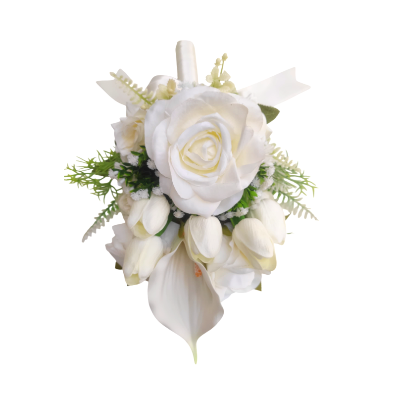 Buquê de noiva braçada frente única rosas tulipas e callas brancas