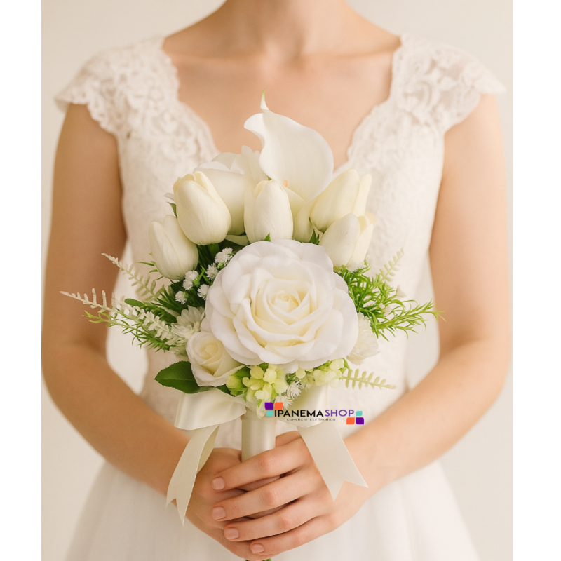 Buquê de noiva braçada frente única rosas tulipas e callas brancas