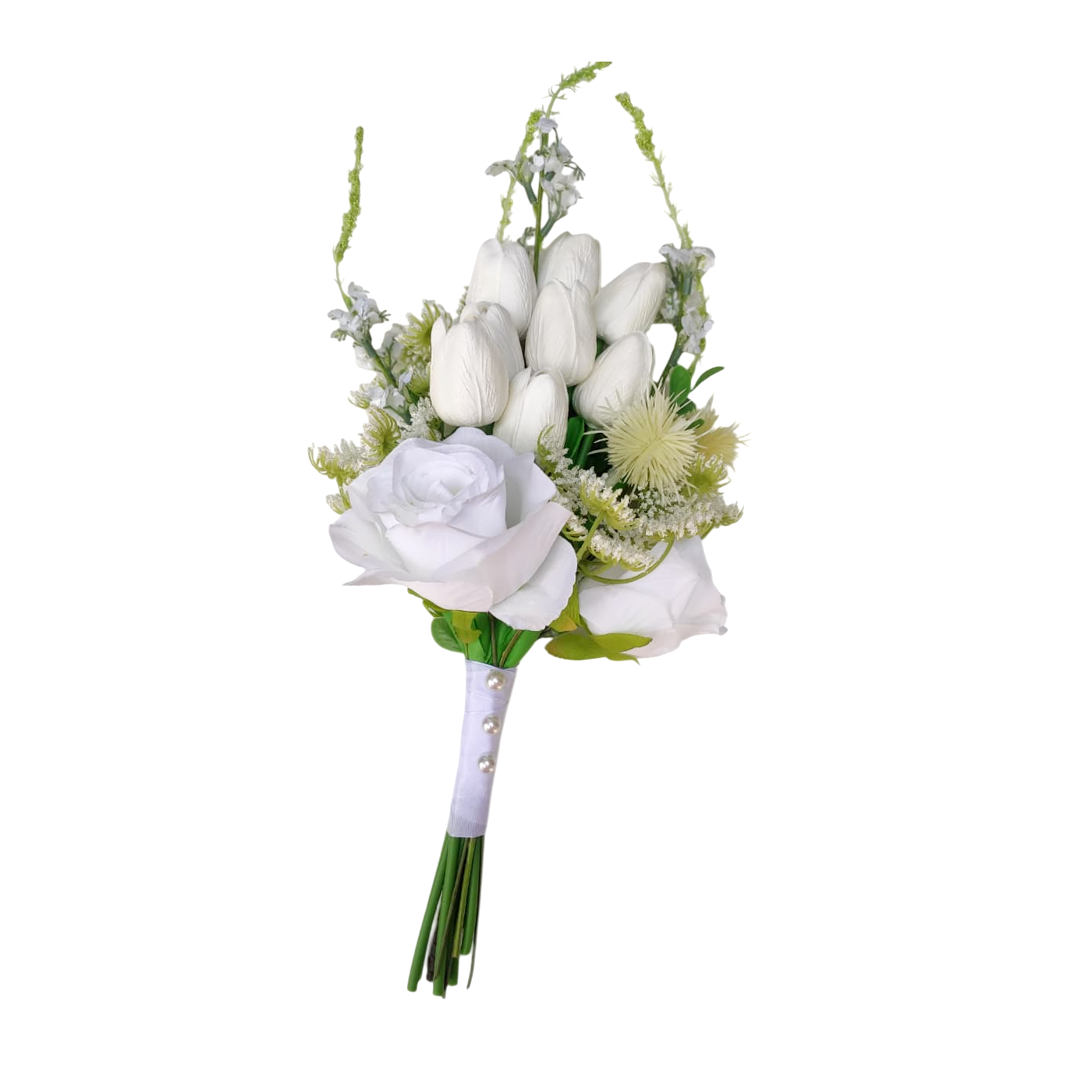 buque de braçada tulipas bn145 (1) Buquê de noiva braçada frente única tulipas e rosas brancas permanentes