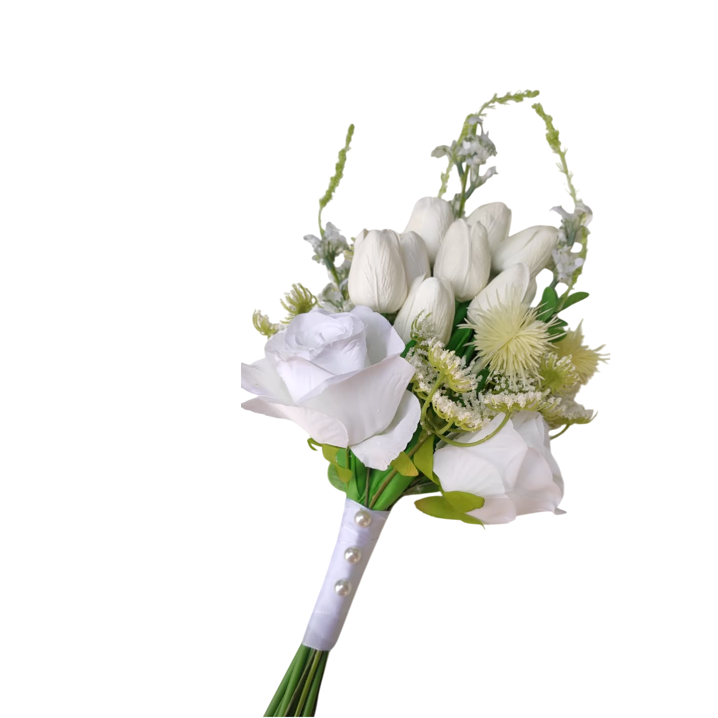 buque de braçada tulipas bn145 (3) Buquê de noiva braçada frente única tulipas e rosas brancas permanentes