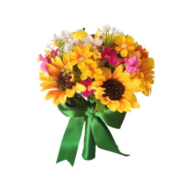 Buquê de noiva permanente de girassol e margaridas coloridas