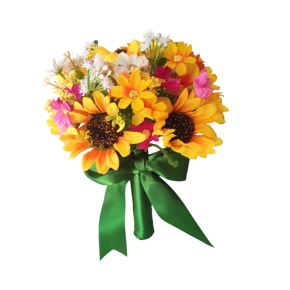 buque de girassol bn119 (7) Buquê de noiva permanente de girassol e margaridas coloridas