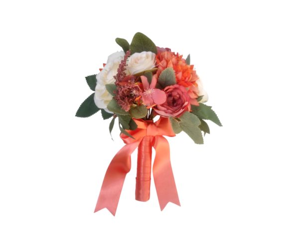 Buquê de noiva permanente realista com dálias e rosas. Buquê laranja queimado.