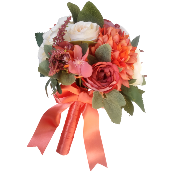 Buquê de noiva permanente realista com dálias e rosas. Buquê laranja queimado.