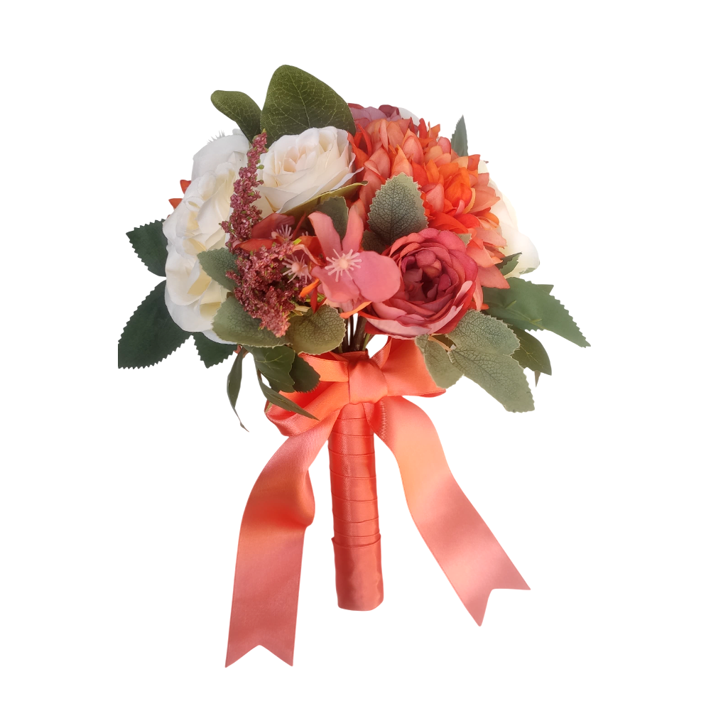 buque de noiva permanente bn138 - (2) Buquê de noiva permanente realista com dálias e rosas. Buquê laranja queimado.